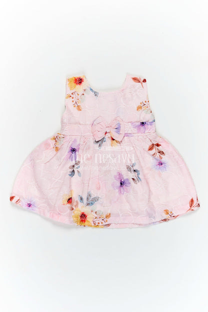 The Nesavu Baby Cotton Frocks Peach Birthday Frock for Baby Girls in Embroidered Cotton with Pastel Floral Print and Bow Nesavu 14 (6M) / Pink BFJ809A-14 Nesavu Peach Birthday Frock Baby Girls Embroidered Cotton Floral Print Bow Waist