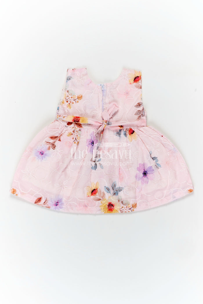 The Nesavu Baby Cotton Frocks Peach Birthday Frock for Baby Girls in Embroidered Cotton with Pastel Floral Print and Bow Nesavu Nesavu Peach Birthday Frock Baby Girls Embroidered Cotton Floral Print Bow Waist