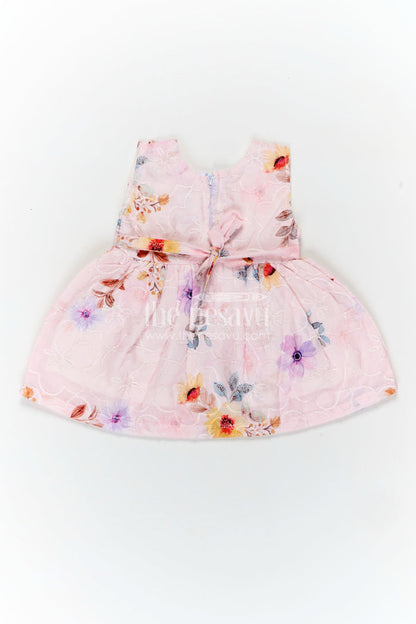 The Nesavu Baby Cotton Frocks Peach Birthday Frock for Baby Girls in Embroidered Cotton with Pastel Floral Print and Bow Nesavu Nesavu Peach Birthday Frock Baby Girls Embroidered Cotton Floral Print Bow Waist