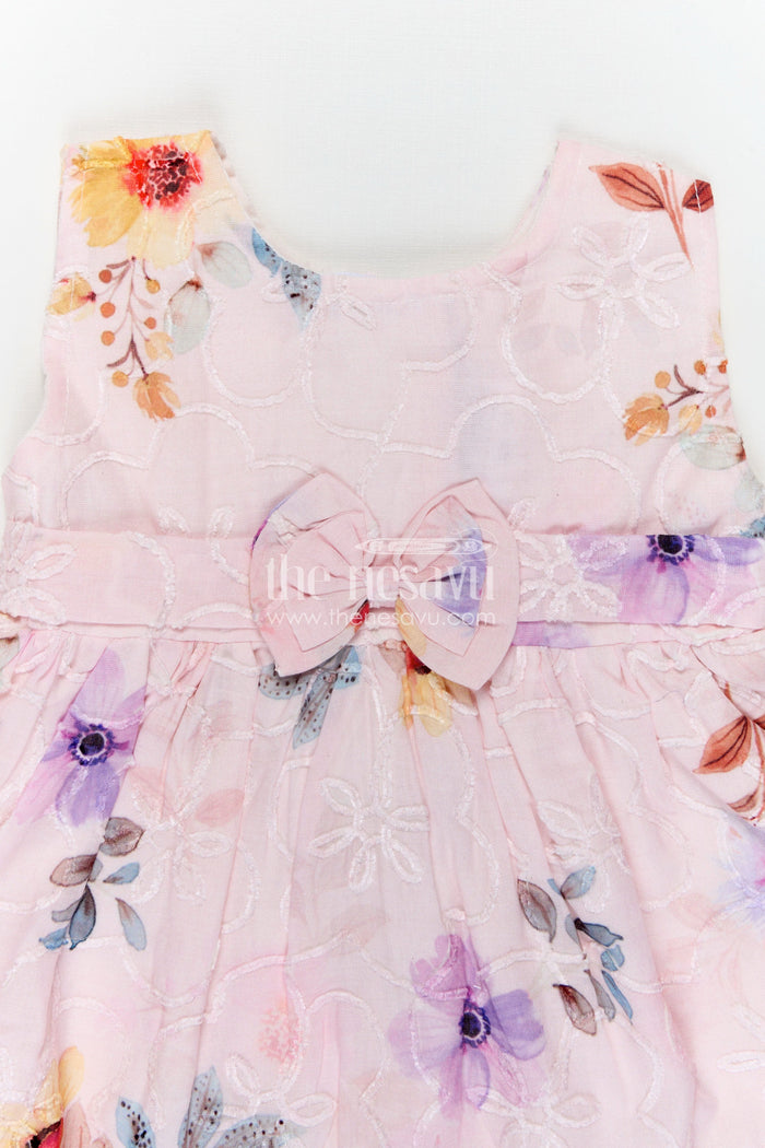 The Nesavu Baby Cotton Frocks Peach Birthday Frock for Baby Girls in Embroidered Cotton with Pastel Floral Print and Bow Nesavu Nesavu Peach Birthday Frock Baby Girls Embroidered Cotton Floral Print Bow Waist