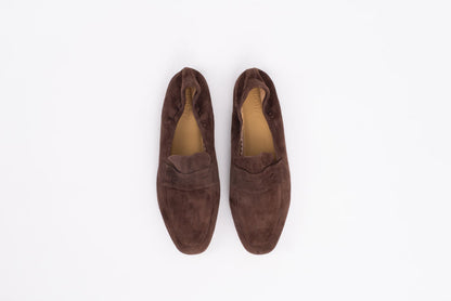 Front shot of womens brown suede loafer shoe in large sizes 8-12