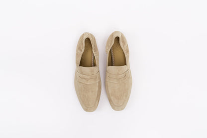 Aerial shot of womens beige latte coloured suede loafer in large sizes for big feet in 42 43 44 45 46