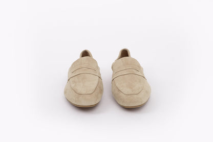 Front shot of womens beige suede stretch-back large sized flat shoe in sizes 8-12