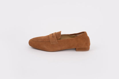 Large sized womens Brown suede loafer shoe on a white background