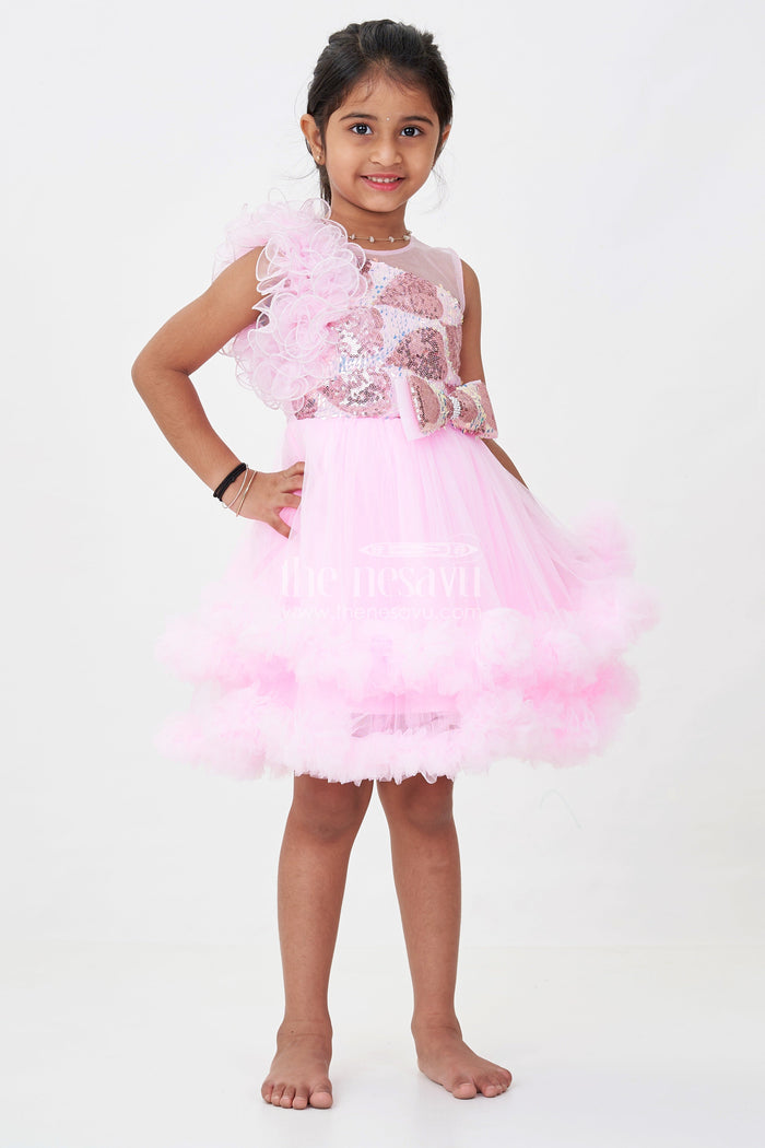 The Nesavu Girls Fancy Party Frock Pink Birthday Dress for Girls in Net with Ruffle Layers and Sequinned Yoke and Bow Nesavu 16 (1Y) / Pink PF218A-16 Pink Birthday Dress Girls Net Sequin Yoke Layered Ruffle Skirt | The Nesavu