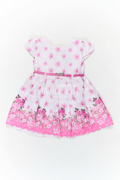 The Nesavu Baby Cotton Frocks Pink Colour Newborn Outfit in Embroidered Hakoba with Floral Motifs and Satin Waistband Nesavu 14 (6M) / Pink BFJ808A-14 Nesavu Pink Colour Newborn Cotton Outfit Floral Embroidery Satin Bow Hakoba Fabric