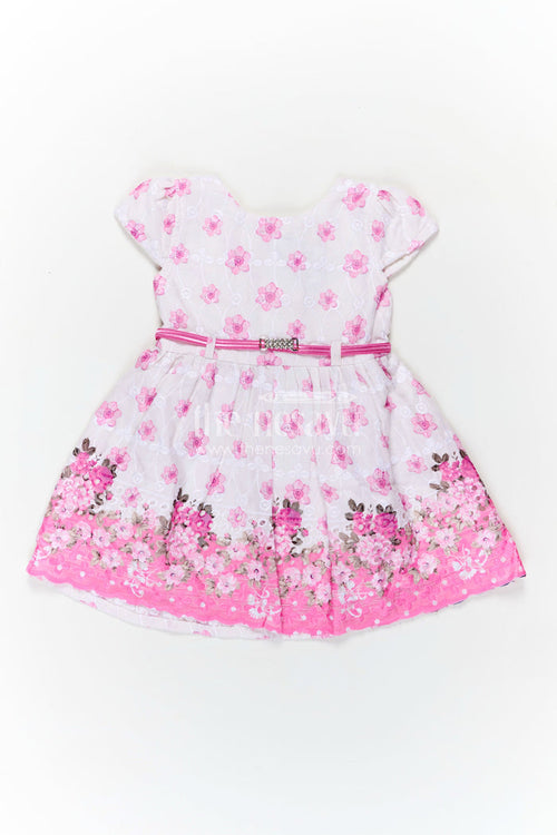 The Nesavu Baby Cotton Frocks Pink Colour Newborn Outfit in Embroidered Hakoba with Floral Motifs and Satin Waistband Nesavu 14 (6M) / Pink BFJ808A-14 Nesavu Pink Colour Newborn Cotton Outfit Floral Embroidery Satin Bow Hakoba Fabric