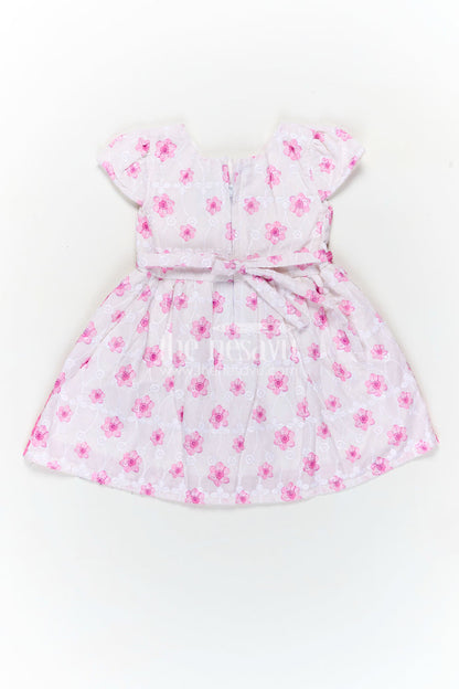 The Nesavu Baby Cotton Frocks Pink Colour Newborn Outfit in Embroidered Hakoba with Floral Motifs and Satin Waistband Nesavu Nesavu Pink Colour Newborn Cotton Outfit Floral Embroidery Satin Bow Hakoba Fabric