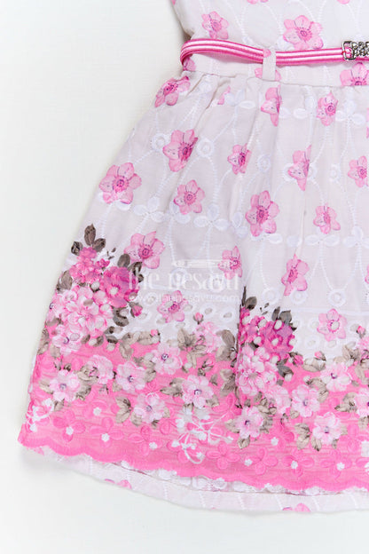 The Nesavu Baby Cotton Frocks Pink Colour Newborn Outfit in Embroidered Hakoba with Floral Motifs and Satin Waistband Nesavu Nesavu Pink Colour Newborn Cotton Outfit Floral Embroidery Satin Bow Hakoba Fabric
