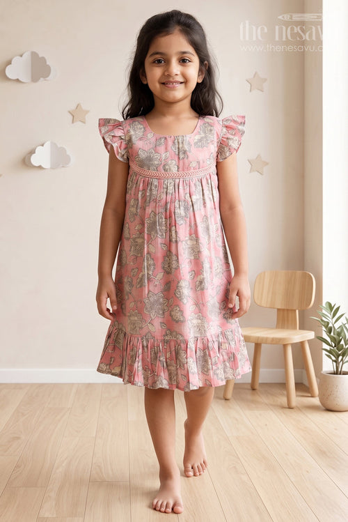 The Nesavu Girls Cotton Frock Pink Floral Printed Cotton Frock for Girls Nesavu 16 (1Y) / Pink GFC1334A-16 Pink Floral Printed Cotton Frock for Girls - Comfortable & Stylish | The Nesavu