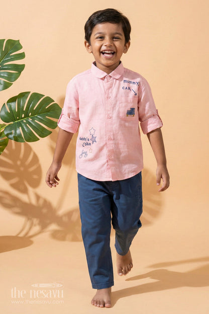 The Nesavu Boys Casual Set Pink Full Sleeve Shirt and Navy Blue Pant Set for Boys Nesavu 18 (2Y) / Pink BCS104B-18 Pink Full Sleeve Shirt and Navy Blue Pant Set for Boys - Nesavu