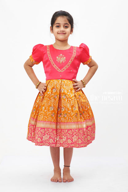 The Nesavu Silk Party Frock Pink Passion Silk Frock with Embroidered Terracotta Skirt for Girls Nesavu 16 (1Y) / Pink SF732A-16 Girls Embroidered Pink & Terracotta Silk Frock | Festive Traditional Dress | The Nesavu