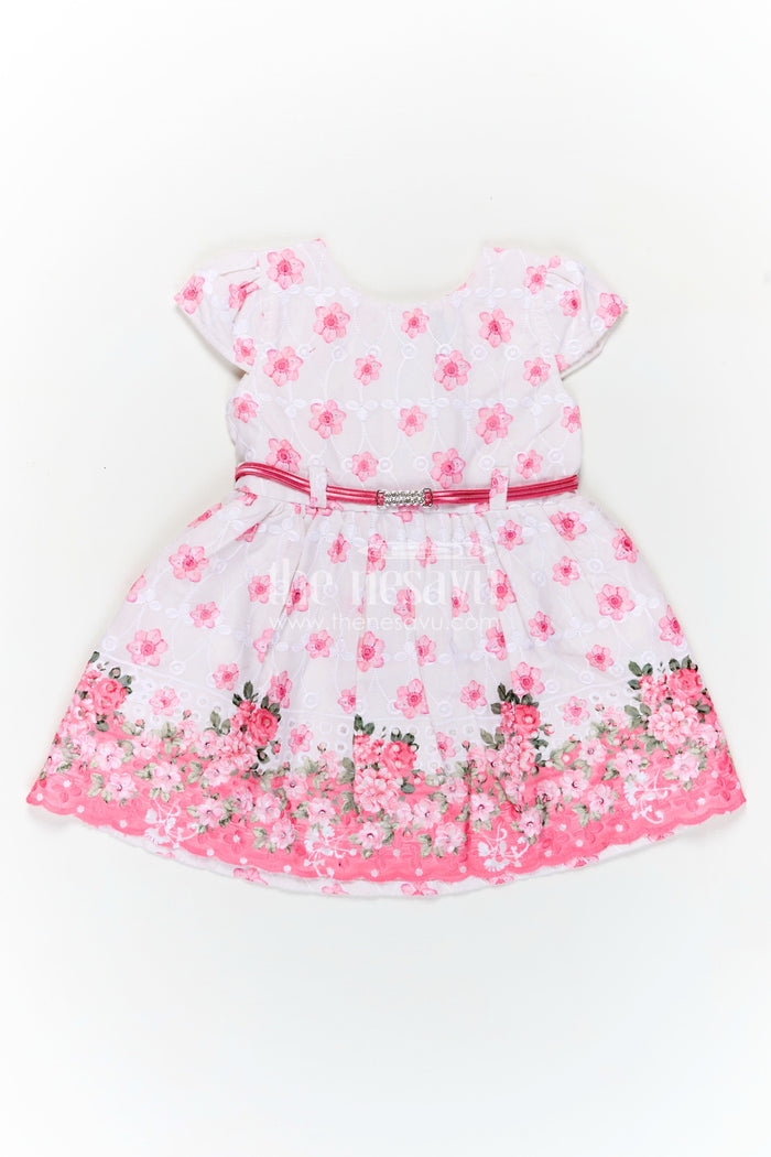 The Nesavu Baby Cotton Frocks Pinks Baby Outfits in Hakoba Cotton with Floral Embroidery and Satin Belt for Newborn Girls Nesavu 14 (6M) / Pink BFJ808B-14 Nesavu Pinks Baby Cotton Outfits Floral Embroidery Satin Belt Hakoba Fabric Newborn Girls