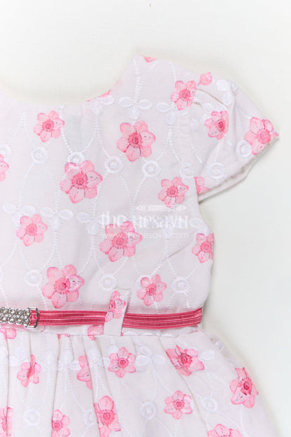 The Nesavu Baby Cotton Frocks Pinks Baby Outfits in Hakoba Cotton with Floral Embroidery and Satin Belt for Newborn Girls Nesavu Nesavu Pinks Baby Cotton Outfits Floral Embroidery Satin Belt Hakoba Fabric Newborn Girls