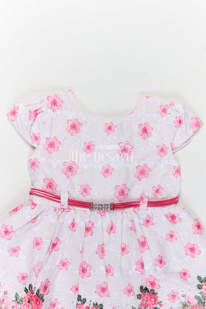 The Nesavu Baby Cotton Frocks Pinks Baby Outfits in Hakoba Cotton with Floral Embroidery and Satin Belt for Newborn Girls Nesavu Nesavu Pinks Baby Cotton Outfits Floral Embroidery Satin Belt Hakoba Fabric Newborn Girls