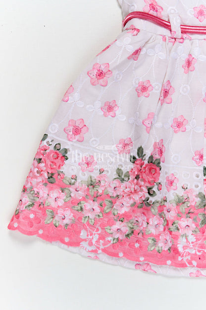 The Nesavu Baby Cotton Frocks Pinks Baby Outfits in Hakoba Cotton with Floral Embroidery and Satin Belt for Newborn Girls Nesavu Nesavu Pinks Baby Cotton Outfits Floral Embroidery Satin Belt Hakoba Fabric Newborn Girls