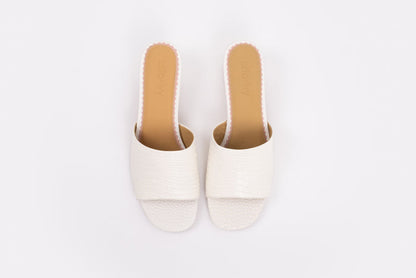 Aerial shot of cream croc leather heeled sandals in larger sizes 8-12