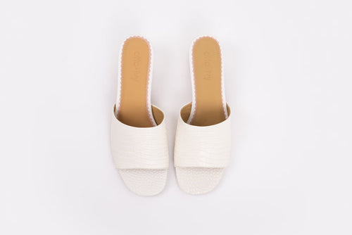 Aerial shot of cream croc leather heeled sandals in larger sizes 8-12