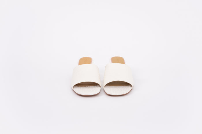 Front shot of womens cream leather heeled sandal available in larger sizes 42-46