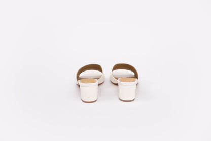 Back shot of cream leather heeled sandals available in larger womens sizes 42-46