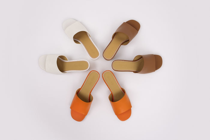 Womens heeled slip on sandals in orange, tan and cream in larger sizes 8-12