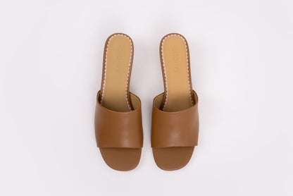 Aerial shot of tan leather heeled sandals in larger womens sizes 8-12