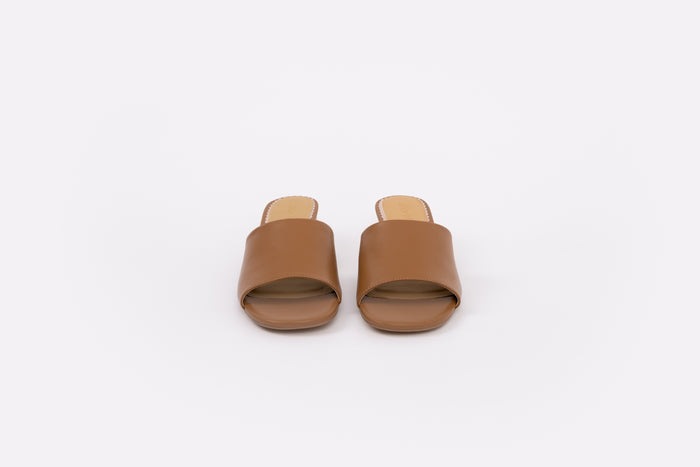 Front shot of tan leather heeled sandal win womens larger sizes 8-12