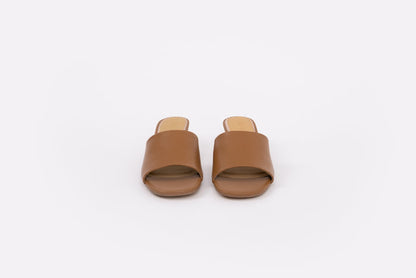 Front shot of tan leather heeled sandal win womens larger sizes 8-12