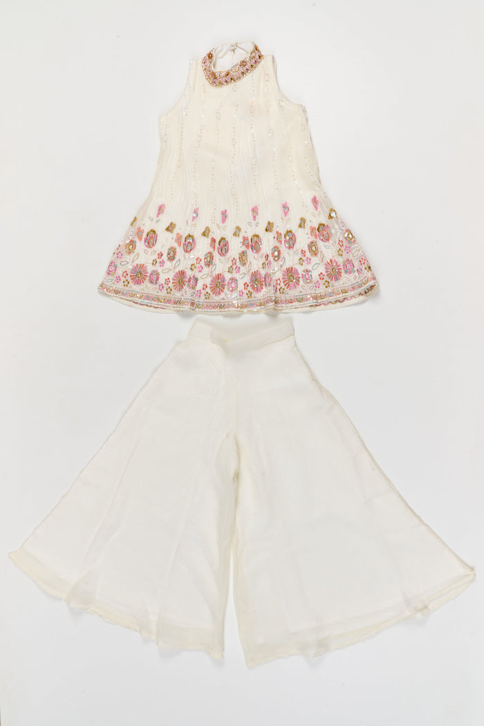 The Nesavu Girls Sharara / Plazo Set Pleated Georgette Sharara Set for Girls with Thread Embroidery for Milestone Moments Nesavu 26 (6Y) / Half white / Georgette GPS961A-26 Nesavu pleated georgette sharara set with thread embroidery and dupatta – perfect for birthdays and naming ceremonies