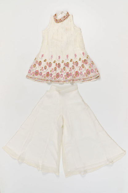The Nesavu Girls Sharara / Plazo Set Pleated Georgette Sharara Set for Girls with Thread Embroidery for Milestone Moments Nesavu 26 (6Y) / Half white / Georgette GPS961A-26 Nesavu pleated georgette sharara set with thread embroidery and dupatta – perfect for birthdays and naming ceremonies