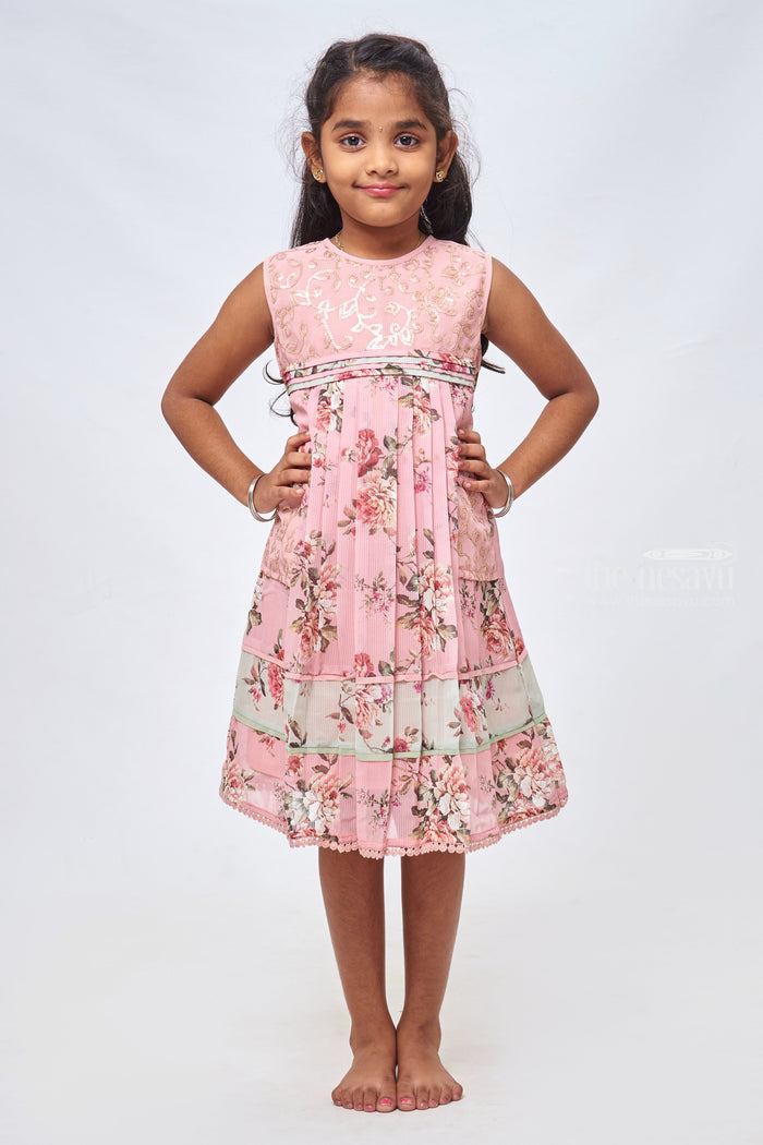The Nesavu Girls Cotton Frock Pretty in Pink: Sequin Embroidered Floral Printed Pink Cotton Frock for Girls Nesavu 22 (4Y) / Pink / Georgette GFC1157B-22 Cotton Frocks in Diverse Designs for Girls | Comfortable Cotton Frocks for Girls | The Nesavu