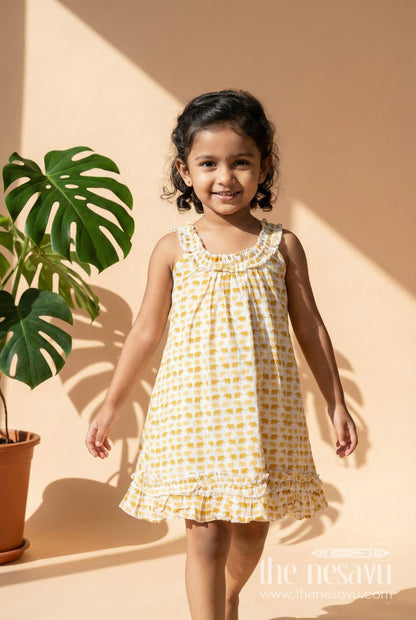 The Nesavu Girls Cotton Frock Pure Cotton Frock for Girls with Hand Block Geometric Print and Frill Detail in Sunshine Yellow Nesavu 18 (2Y) / Yellow GFC1795A-18 Nesavu Pure Cotton Frock Girls Yellow Geometric Hand Block Print Soft Frill Hem