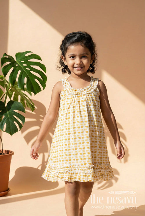 The Nesavu Girls Cotton Frock Pure Cotton Frock for Girls with Hand Block Geometric Print and Frill Detail in Sunshine Yellow Nesavu 18 (2Y) / Yellow GFC1795A-18 Nesavu Pure Cotton Frock Girls Yellow Geometric Hand Block Print Soft Frill Hem