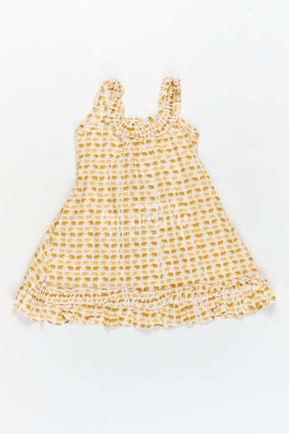 The Nesavu Girls Cotton Frock Pure Cotton Frock for Girls with Hand Block Geometric Print and Frill Detail in Sunshine Yellow Nesavu 18 (2Y) / Yellow GFC1795A-18 Nesavu Pure Cotton Frock Girls Yellow Geometric Hand Block Print Soft Frill Hem