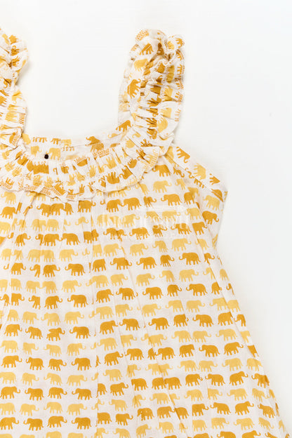 The Nesavu Girls Cotton Frock Pure Cotton Frock for Girls with Hand Block Geometric Print and Frill Detail in Sunshine Yellow Nesavu Nesavu Pure Cotton Frock Girls Yellow Geometric Hand Block Print Soft Frill Hem