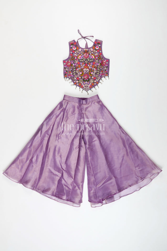 The Nesavu Girls Sharara / Plazo Set Purple Casual Dress Girls Sharara Set with Designer Embroidered Organza Top and Flowing Plazo Pants Nesavu Nesavu Purple Casual Dress Girls Embroidered Sharara Set Glazed Organza Plazo Pants Dupatta