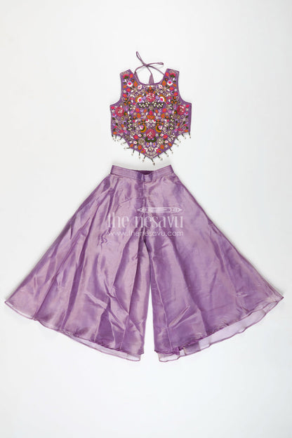 The Nesavu Girls Sharara / Plazo Set Purple Casual Dress Girls Sharara Set with Designer Embroidered Organza Top and Flowing Plazo Pants Nesavu Nesavu Purple Casual Dress Girls Embroidered Sharara Set Glazed Organza Plazo Pants Dupatta