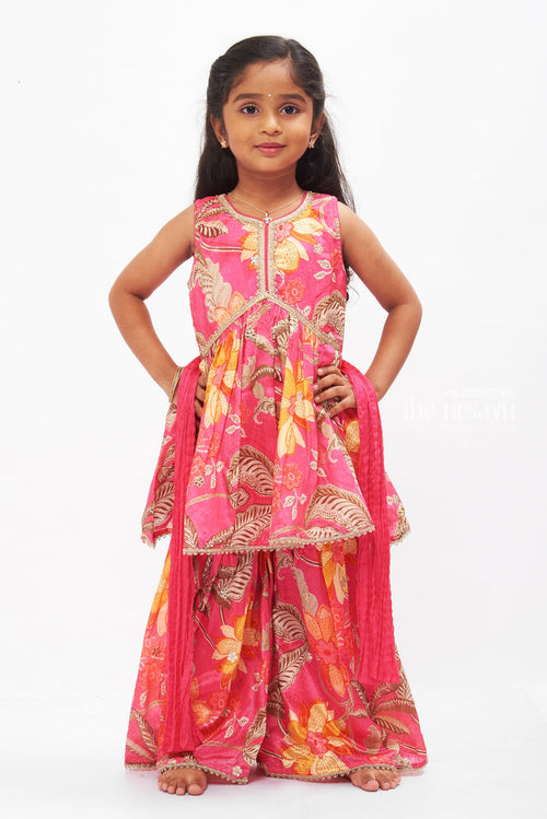 The Nesavu Girls Sharara / Plazo Set Radiant Fuchsia Floral Gharara Set with Silver Sequin Embellishments for Girls Nesavu 16 (1Y) / Pink GPS258B-16 Buy Girls Fuchsia Sequined Gharara Set | Vibrant Floral Party Wear | The Nesavu