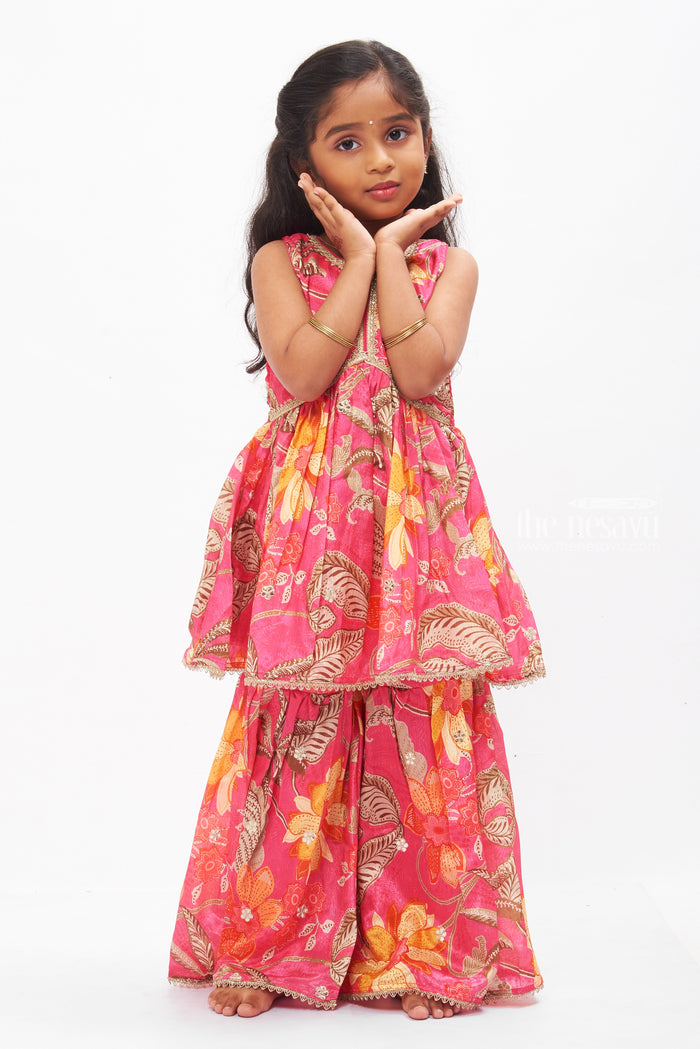 The Nesavu Girls Sharara / Plazo Set Radiant Fuchsia Floral Gharara Set with Silver Sequin Embellishments for Girls Nesavu Buy Girls Fuchsia Sequined Gharara Set | Vibrant Floral Party Wear | The Nesavu