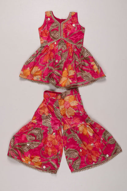 The Nesavu Girls Sharara / Plazo Set Radiant Fuchsia Floral Gharara Set with Silver Sequin Embellishments for Girls Nesavu 16 (1Y) / Pink GPS258B-16 Buy Girls Fuchsia Sequined Gharara Set | Vibrant Floral Party Wear | The Nesavu