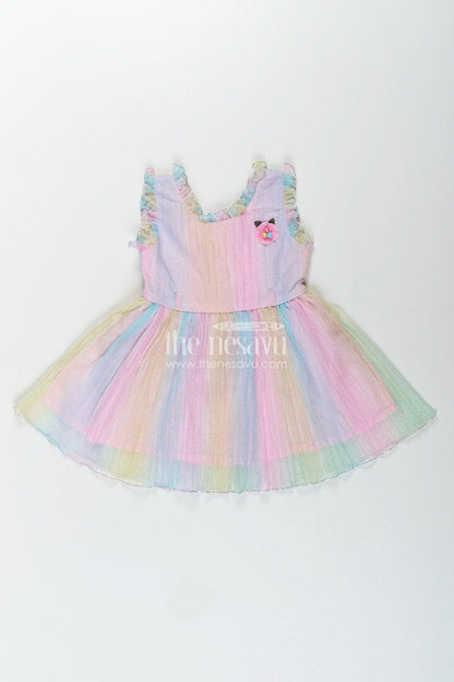 The Nesavu Girls Fancy Frock Rainbow pastel girls net frock with shimmer and flower brooch Nesavu Nesavu pastel rainbow shimmer net frock for girls with flower brooch and hairband