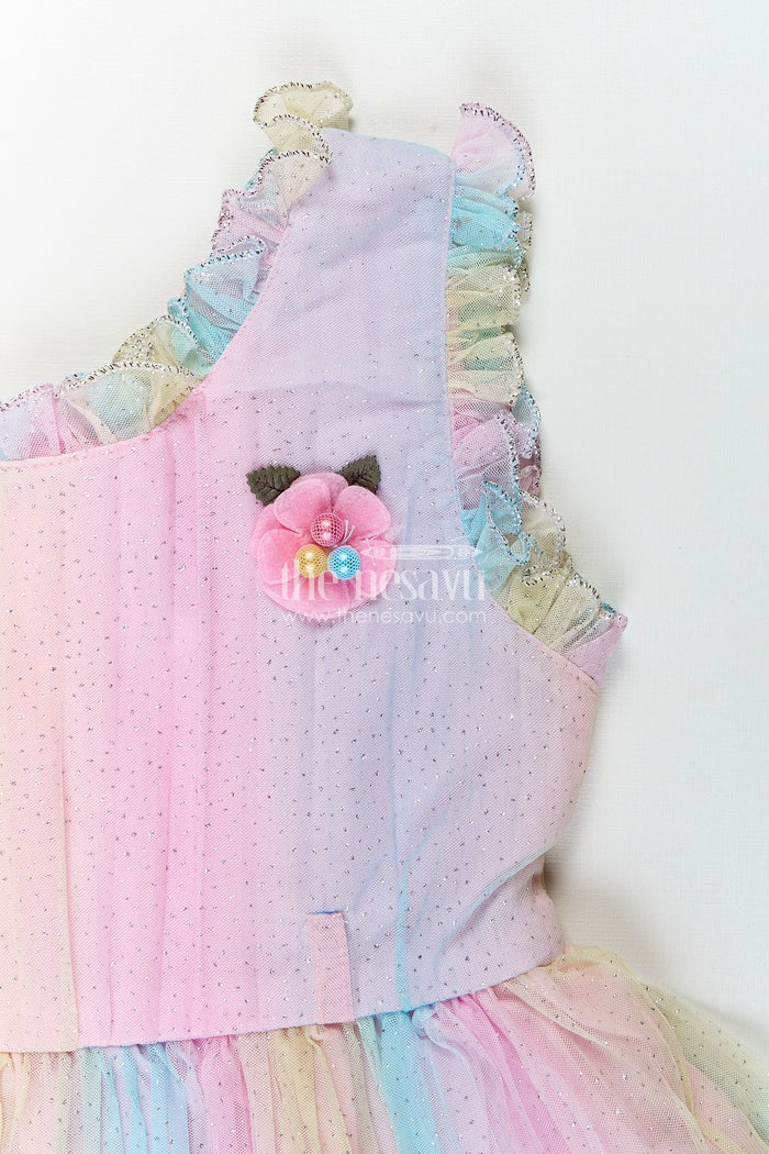 The Nesavu Girls Fancy Frock Rainbow pastel girls net frock with shimmer and flower brooch Nesavu Nesavu pastel rainbow shimmer net frock for girls with flower brooch and hairband