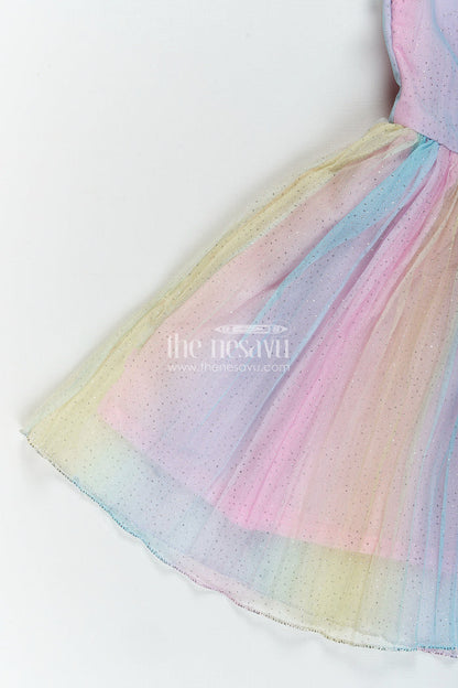 The Nesavu Girls Fancy Frock Rainbow pastel girls net frock with shimmer and flower brooch Nesavu Nesavu pastel rainbow shimmer net frock for girls with flower brooch and hairband