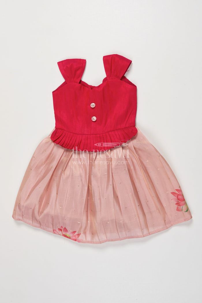 The Nesavu Silk Frock Raw Silk Yoke Frock for Baby Girls for Weddings and Milestone Events Nesavu 18 (2Y) / Pink SF1089A-18 Nesavu baby girl raw silk yoke frock with semi banaras skirt for weddings and family celebrations
