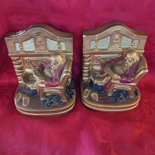 Reading Grandfather and Dog Ceramic Pair of Bookends-Jantiques LLC.