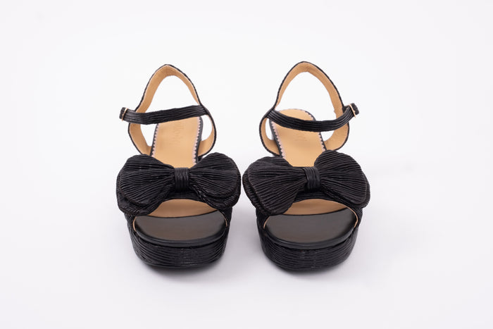 Front view of Rhian Sandal in black. Strappy heel available in larger womens sizes UK 8-12