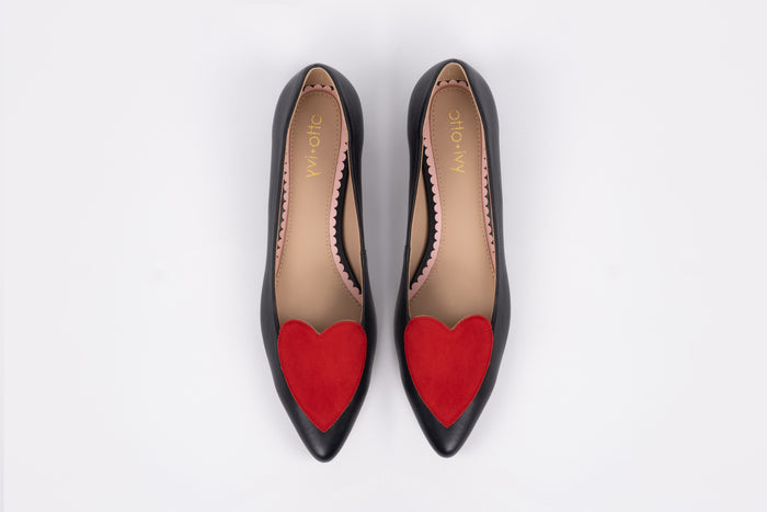 Aerial view of womens shoe Rosie in black and red. Available in larger sizes UK 8-12