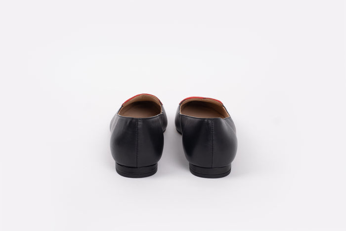 Back view of the Rosie flats in black leather and red suede. Available in larger sizes 42-46