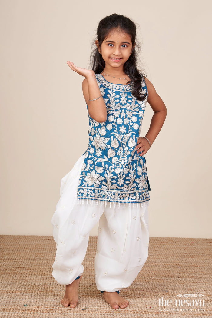 The Nesavu Girls Dothi Sets Royal Blue Embroidered Kurti Set with Dhoti Pants Nesavu 18 (2Y) / Blue GPS754A-18 Nesavu navy blue embroidered kurti dhoti pants  girls ethnic dress