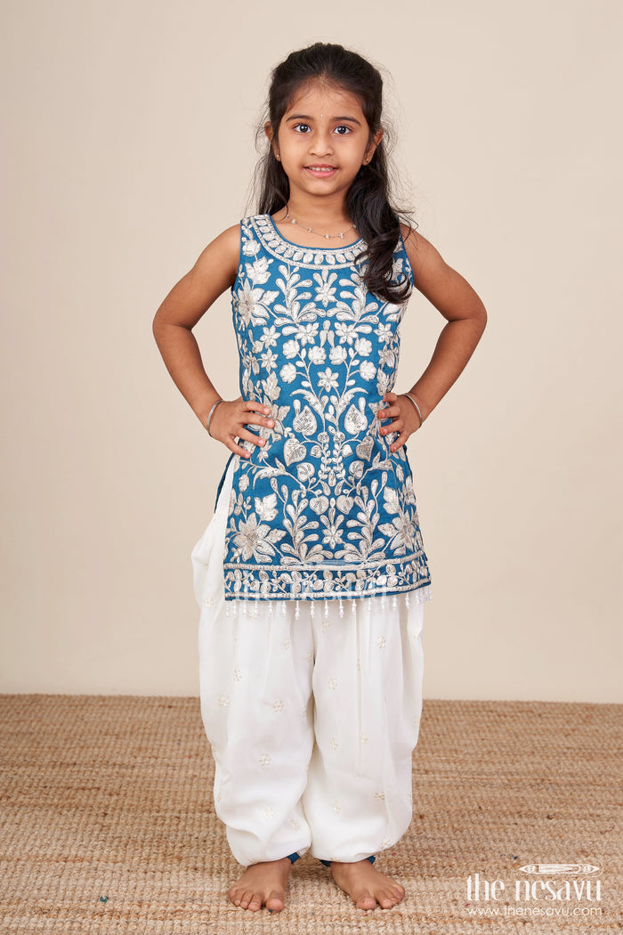 The Nesavu Girls Dothi Sets Royal Blue Embroidered Kurti Set with Dhoti Pants Nesavu Nesavu navy blue embroidered kurti dhoti pants  girls ethnic dress